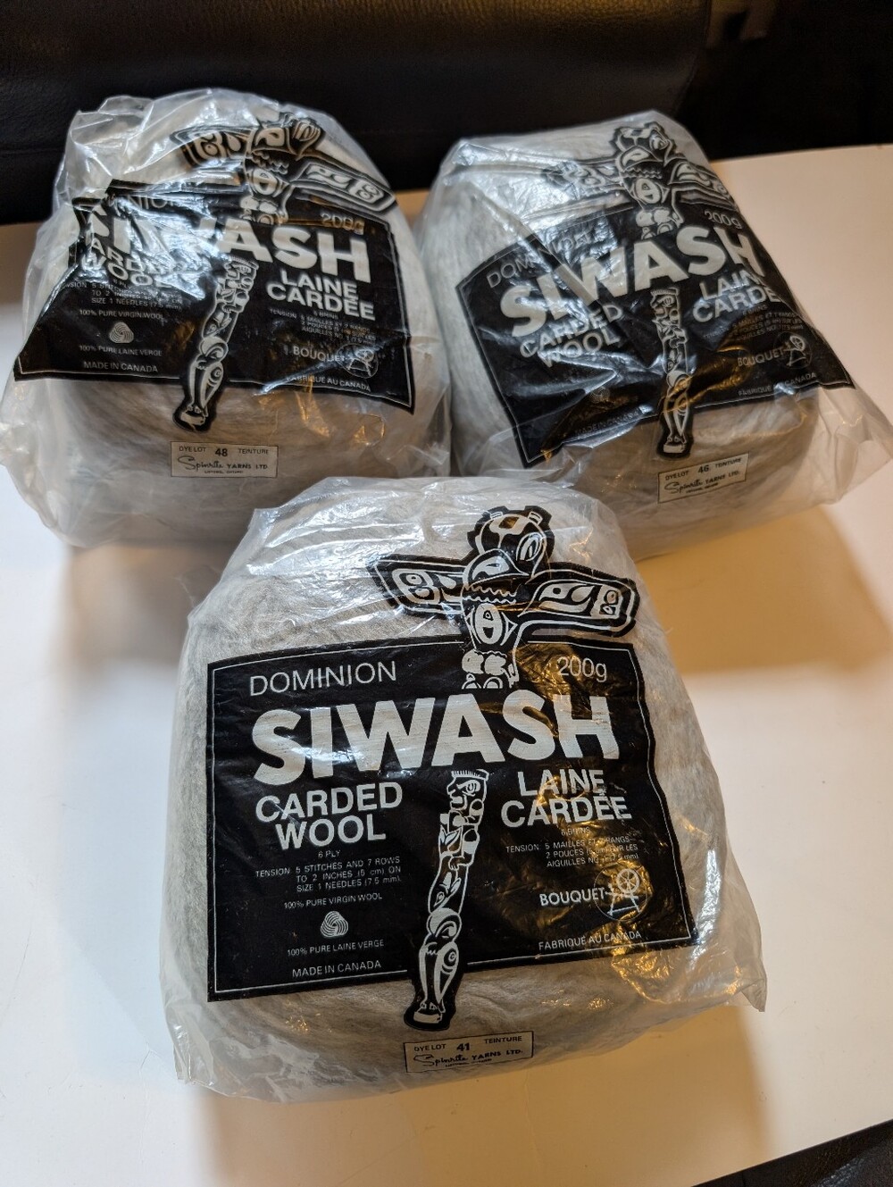 Lot of 3 Vintage Dominion Siwash Carded Wool Yarn 200g 6-Ply Cowichan Grey